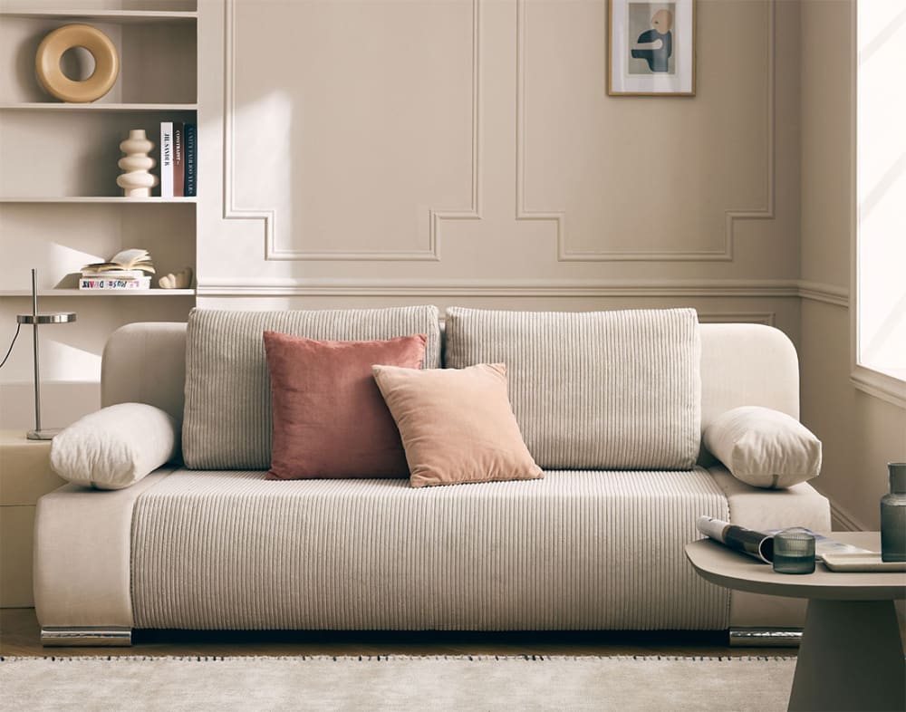 Canapé droit convertible 3 places en velours et velours côtelé beige