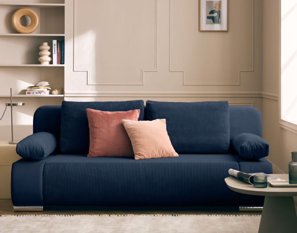 Canapé droit convertible 3 places en velours et velours côtelé bleu