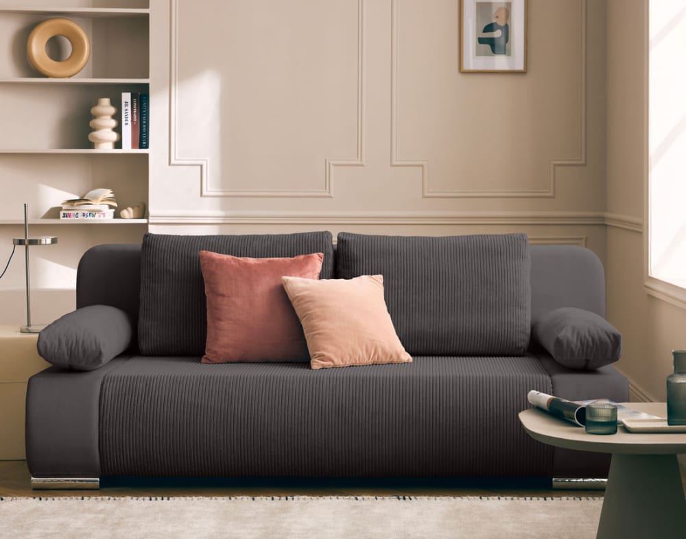 Canapé droit convertible 3 places en velours et velours côtelé gris
