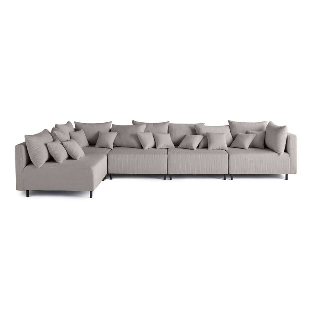 Canapé modulable 5 places angle réversible en velours côtelé gris