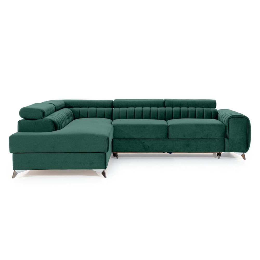 Canapé d'angle gauche convertible 5 places en velours vert