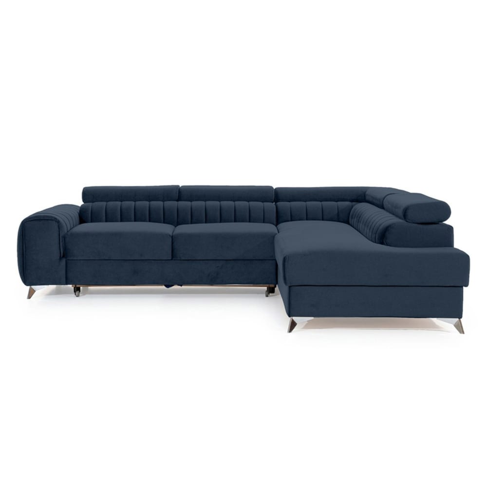 Canapé d'angle droit convertible 5 places en velours bleu marine