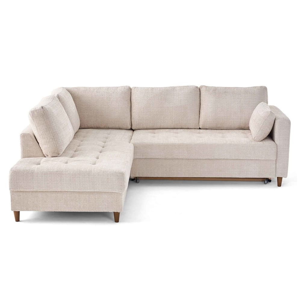 Canapé d'angle gauche convertible 5 places en velours texturé beige