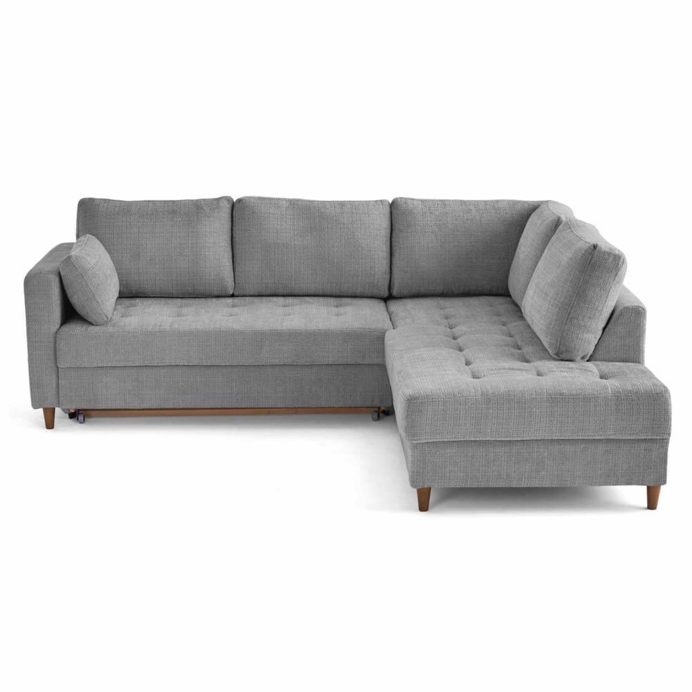 Canapé d'angle droit convertible 5 places en velours texturé gris