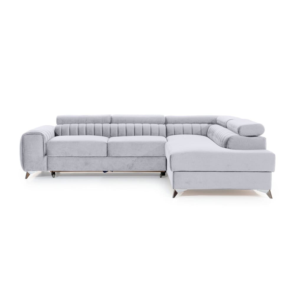 Canapé d'angle droit convertible 5 places en velours gris clair
