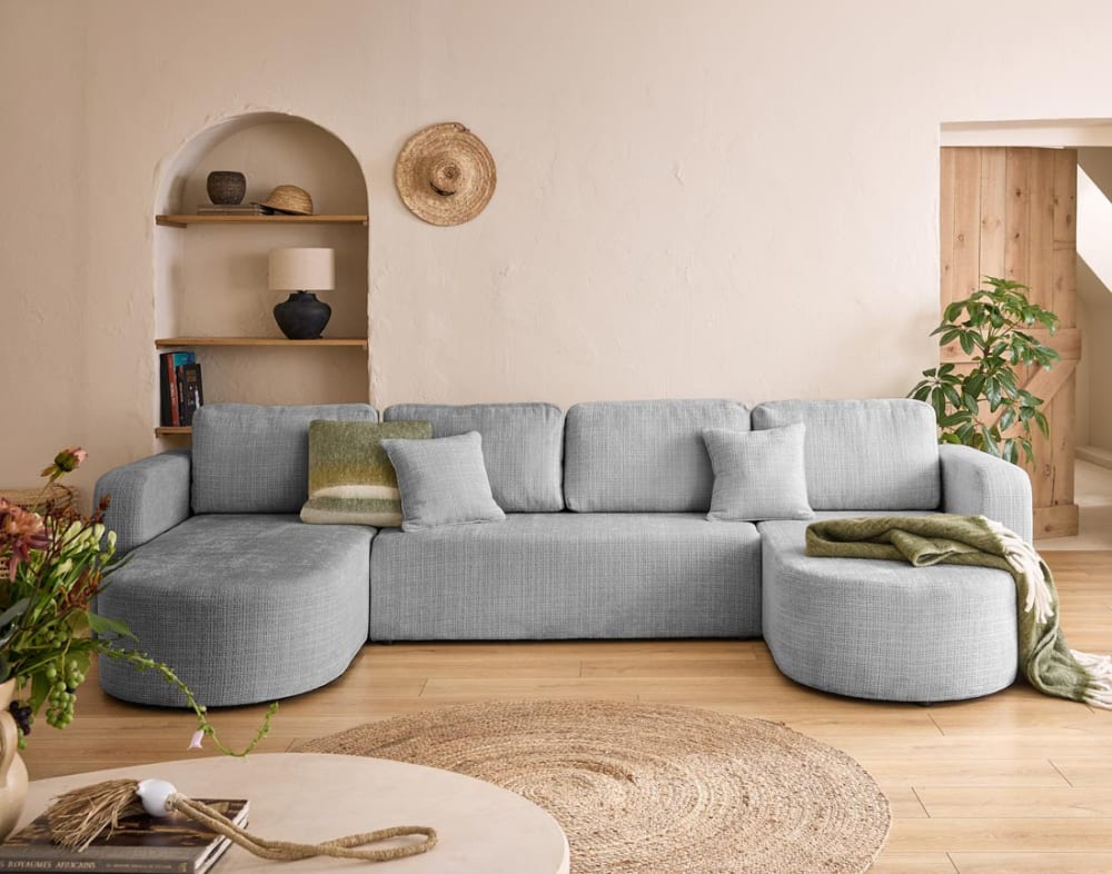 Canapé panoramique 7 places En U en Velours texturé Gris