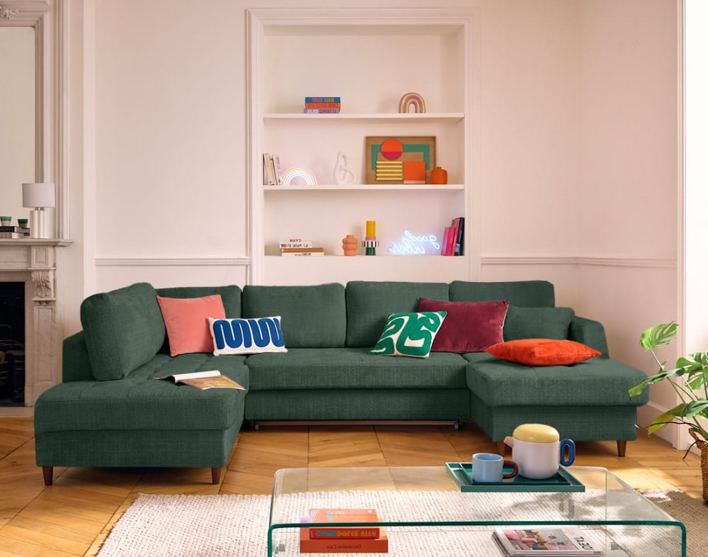 Canapé panoramique 7 places Angle gauche en Velours texturé Vert