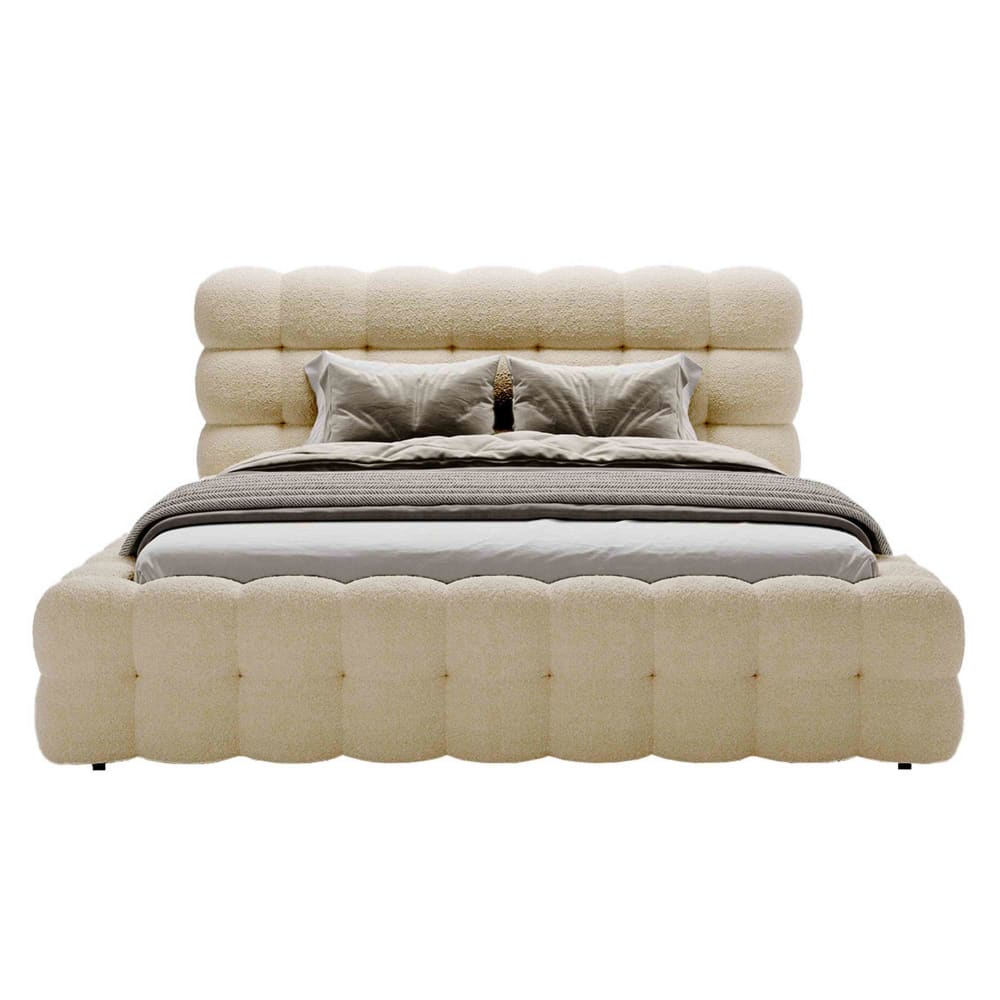 Lit coffre en tissu bouclette 140x200 cm avec sommier beige