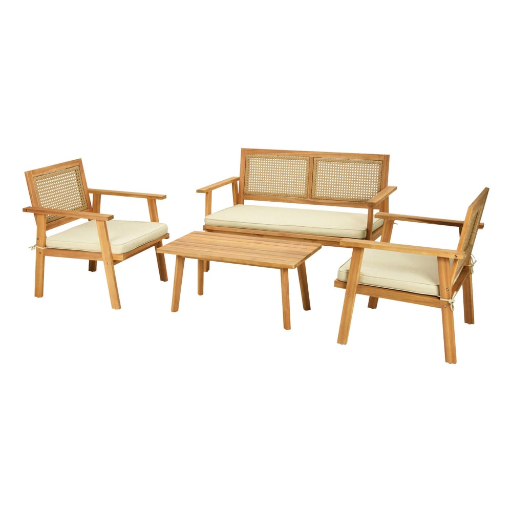 Salon de jardin 4 places en bois et cannage bois / beige