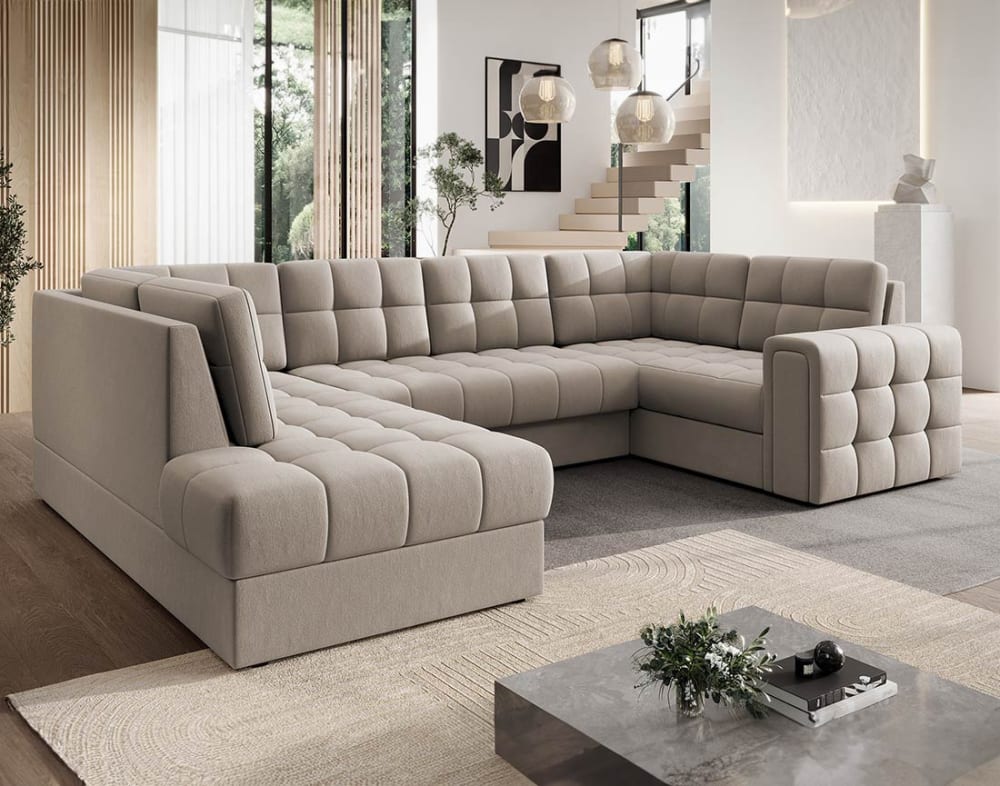 Canapé panoramique 7 places en Velours Beige
