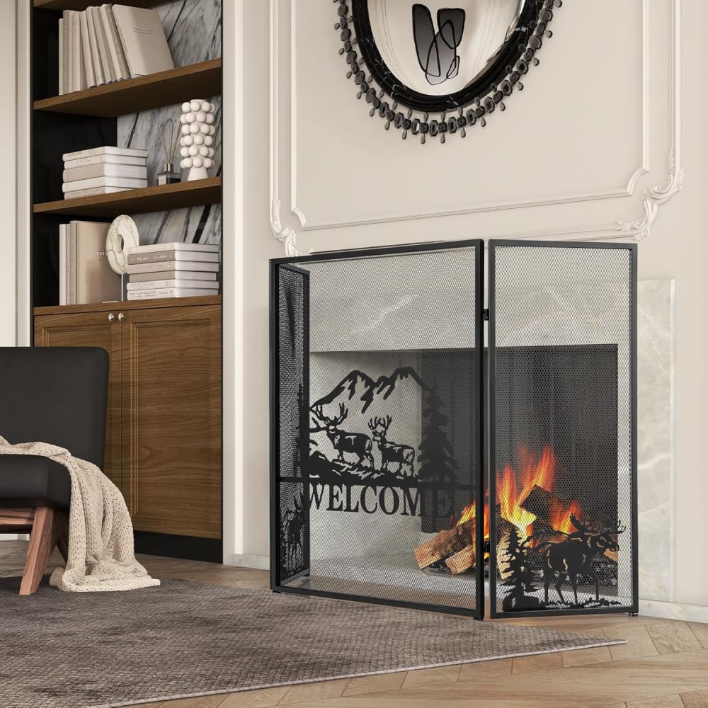 Écran de cheminée pliable 3 panneaux fer pliable 132 x 79 cm