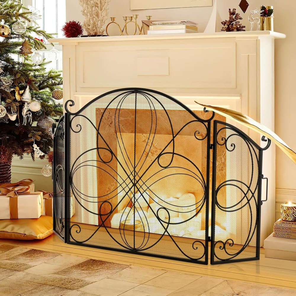 Écran de cheminée pliable 3 panneaux pliable fer 151 x 83 cm