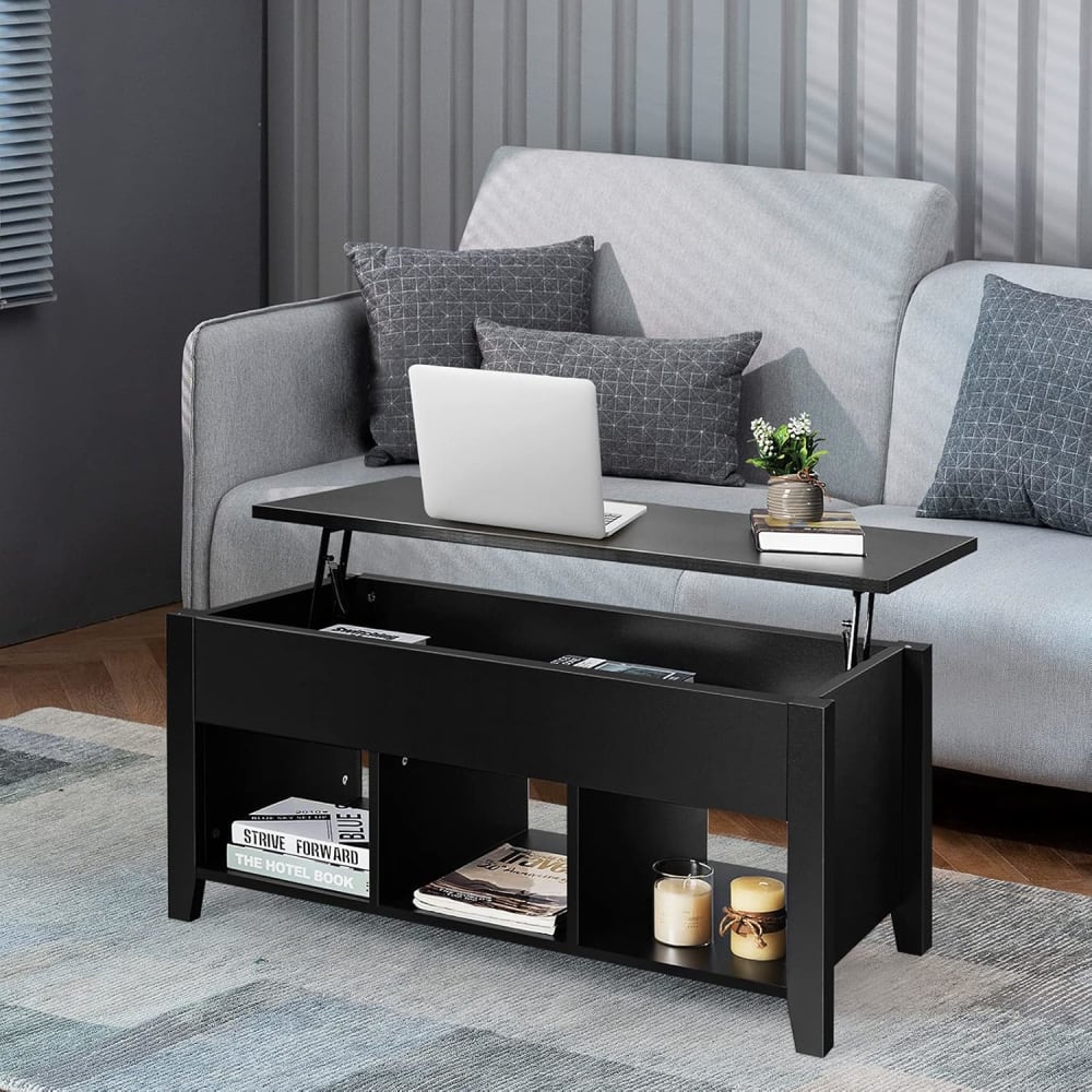 Table basse relevable moderne avec compartiment caché noir