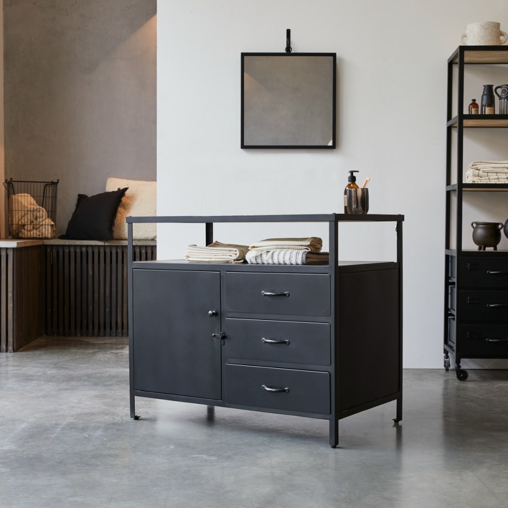 Tikamoon Aufbewahrungsmöbel aus Mangoholz und Metall, 95 cm style industrial Schwarz Metall