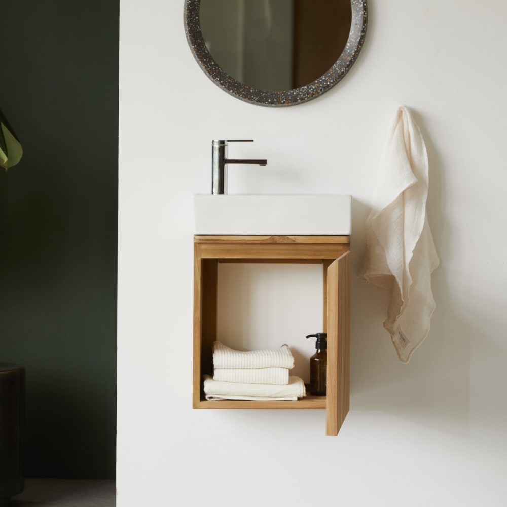 Handwaschbecken-Unterschrank aus massivem Teakholz und Keramik -