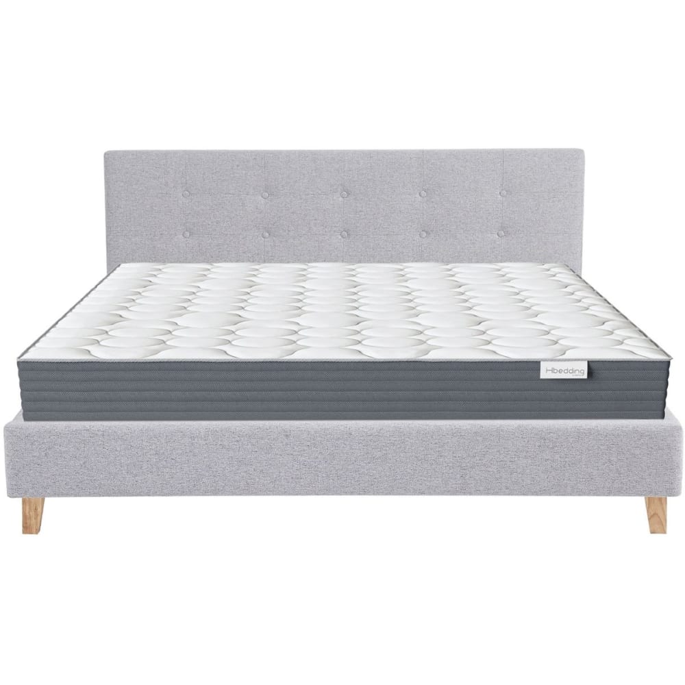Lit adulte 140x190 en tissu gris chiné + Matelas mémoire de forme