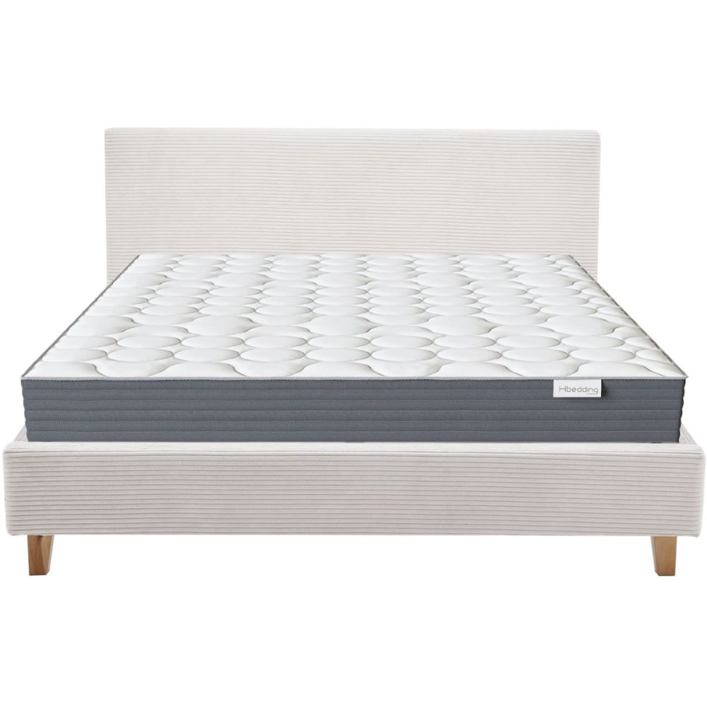 Lit adulte 160x200 en velours côtelé beige + Matelas mémoire de forme