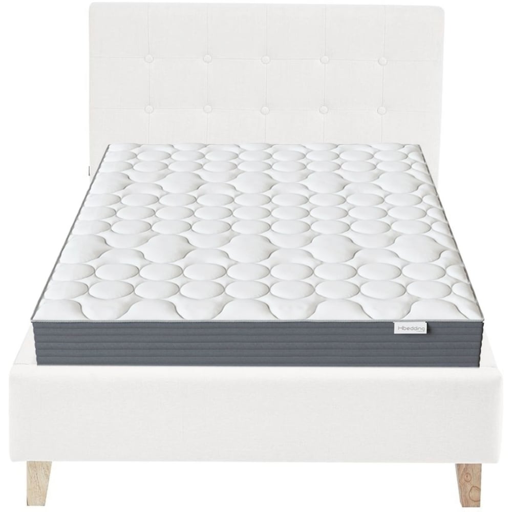 Lit adulte 90x190 en tissu beige + Matelas mémoire de forme