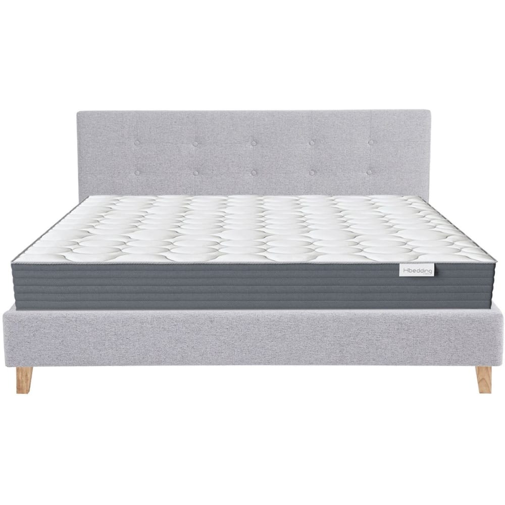 Lit adulte 160x200 en tissu gris chiné + Matelas mémoire de forme