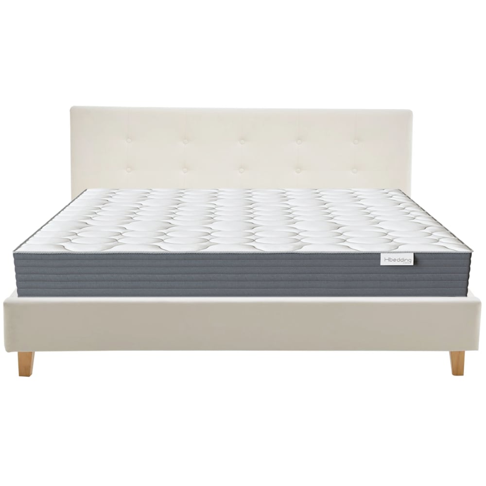 Lit adulte 160x200 en velours beige + Matelas mémoire de forme