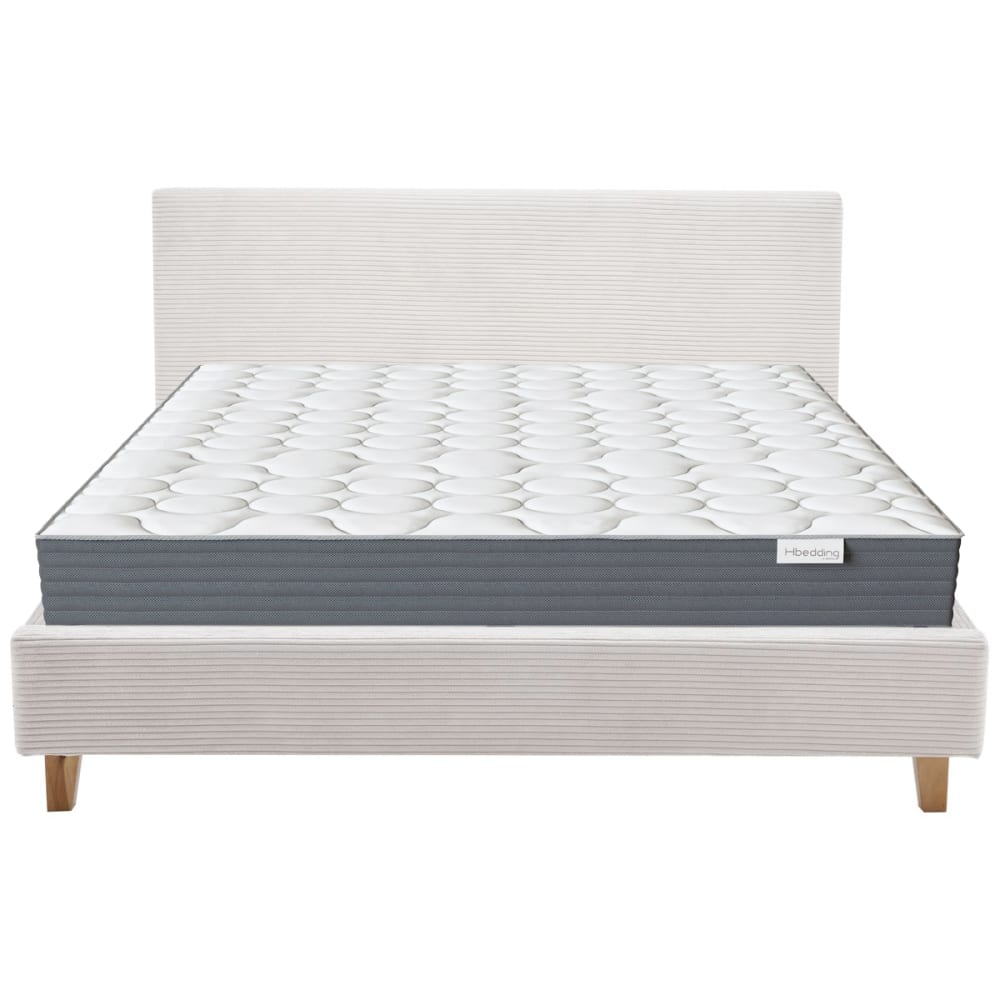 Lit adulte 140x190 en velours côtelé beige + Matelas mémoire de forme