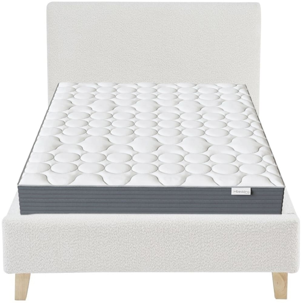 Lit+adulte+90x190+en+tissu+boucle+beige+++Matelas+memoire+de+forme