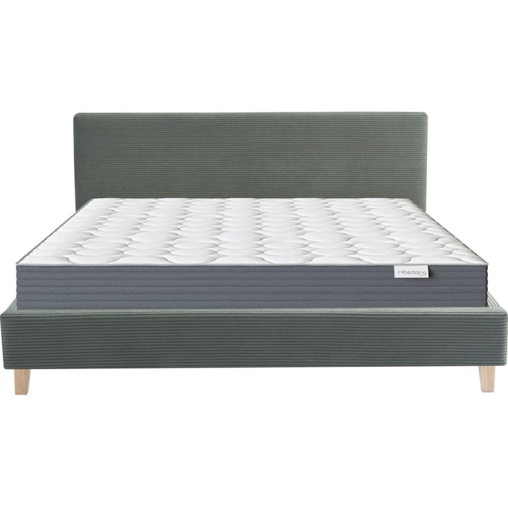 Lit adulte 140x190 en velours côtelé vert + Matelas mémoire de forme