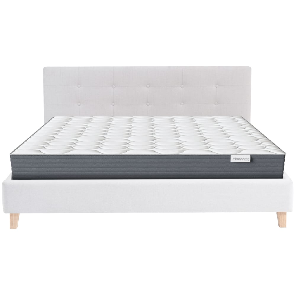 Lit adulte 140x190 en tissu beige + Matelas mémoire de forme