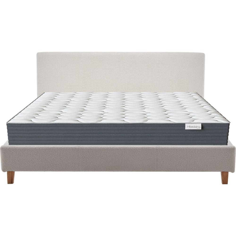 Lit adulte 160x200 en tissu bouclé beige + Matelas mémoire de forme
