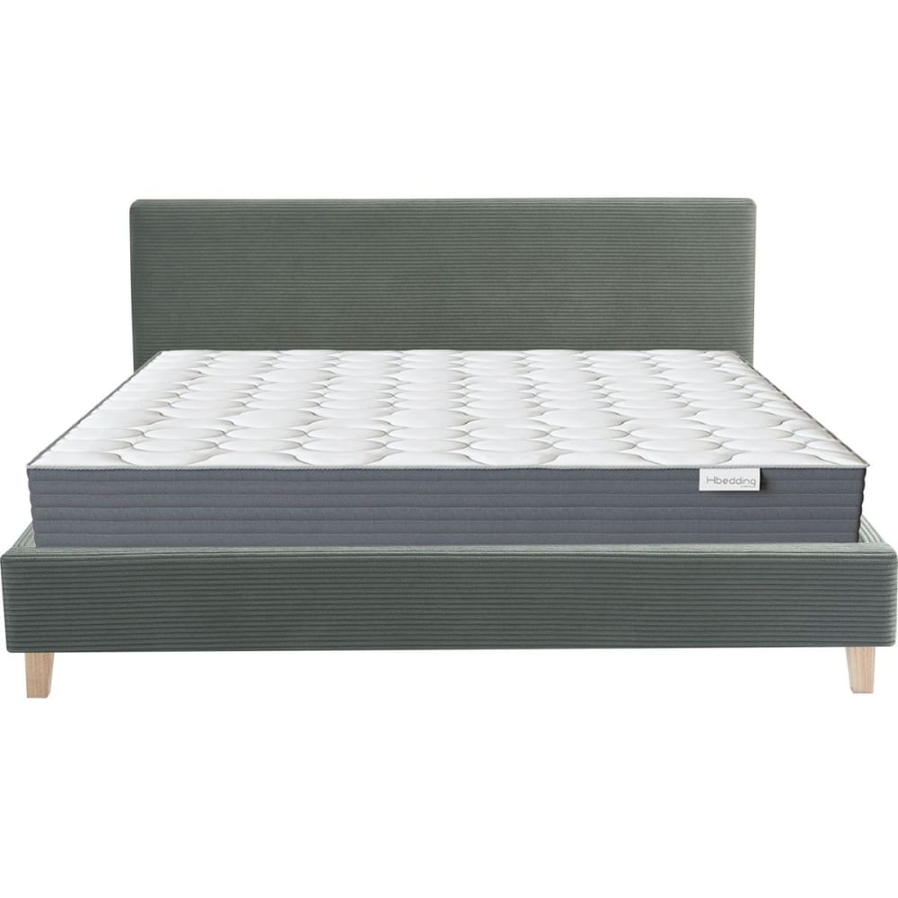 Lit adulte 180x200 en velours côtelé vert + Matelas mémoire de forme