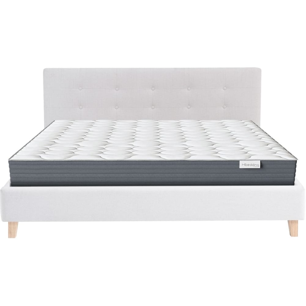 Lit adulte 160x200 en tissu beige + Matelas mémoire de forme