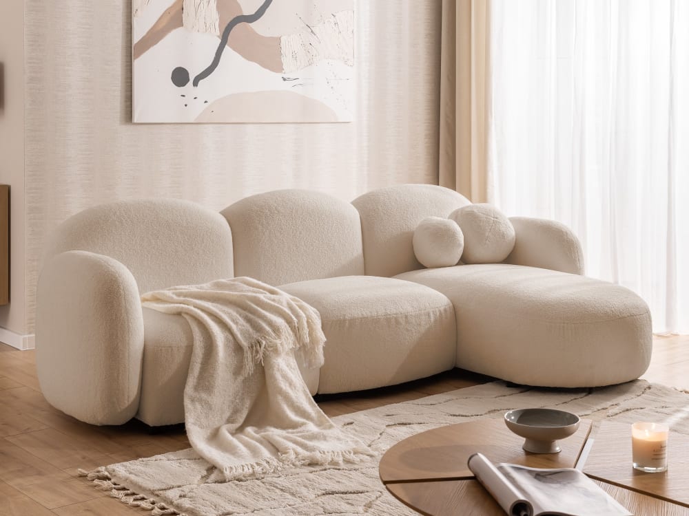 Modernes Ecksofa L-Form aus Bouclé-Stoff mit abgerundetem Design