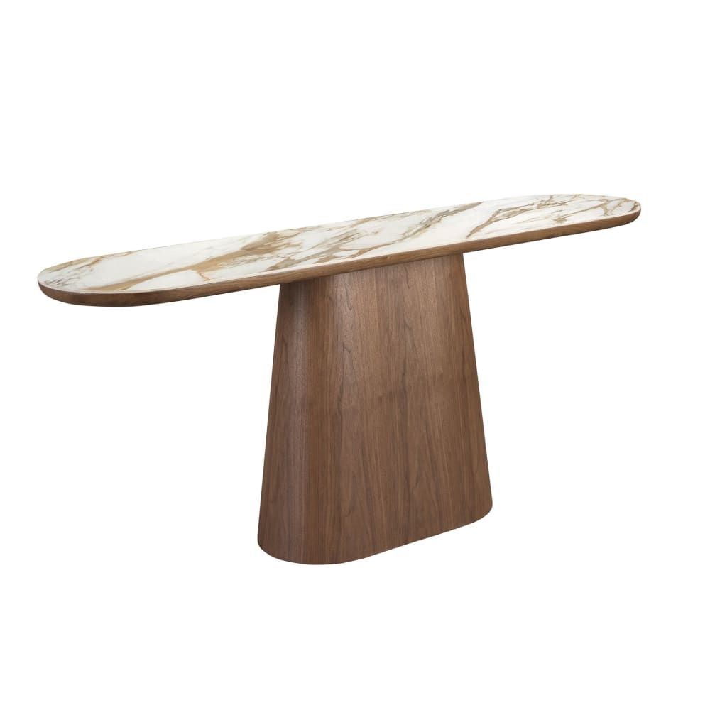 Table console ovale demi-ronde en porcelaine et noyer
