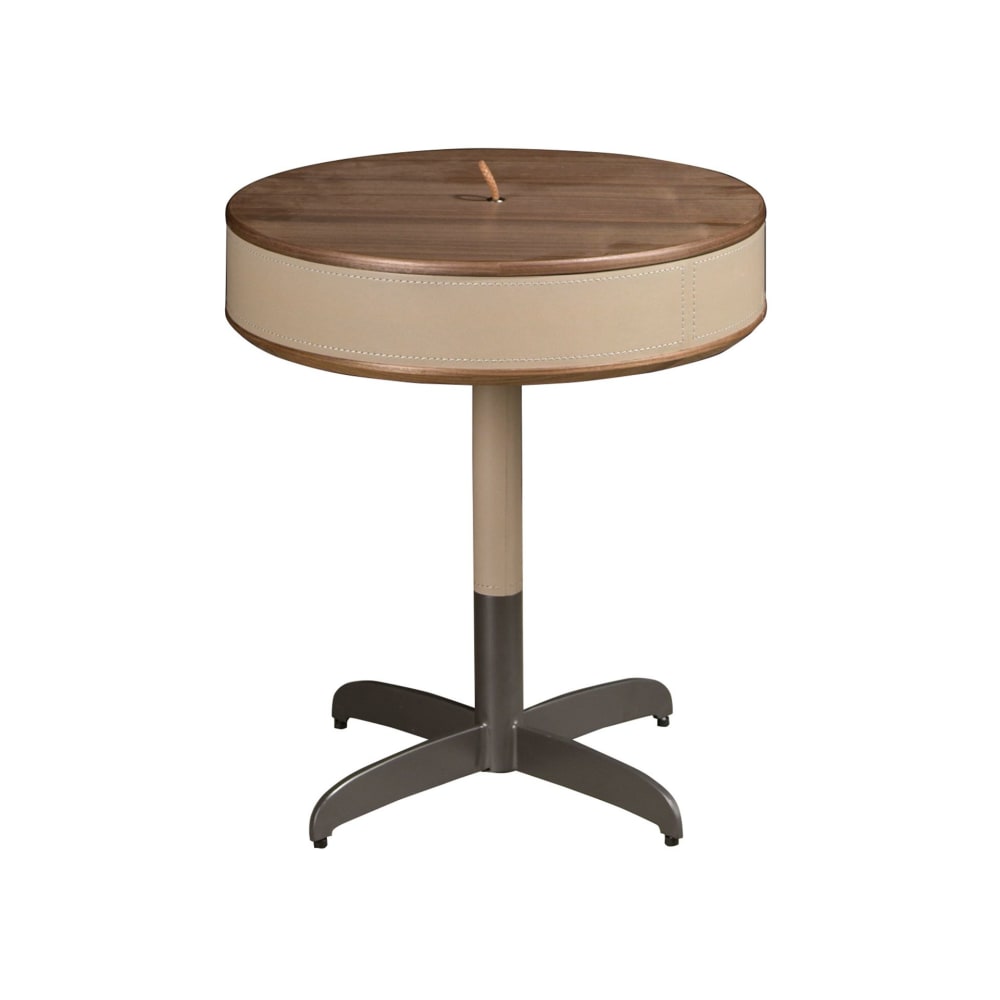 Table d'angle ronde en cuir, noyer et acier gris