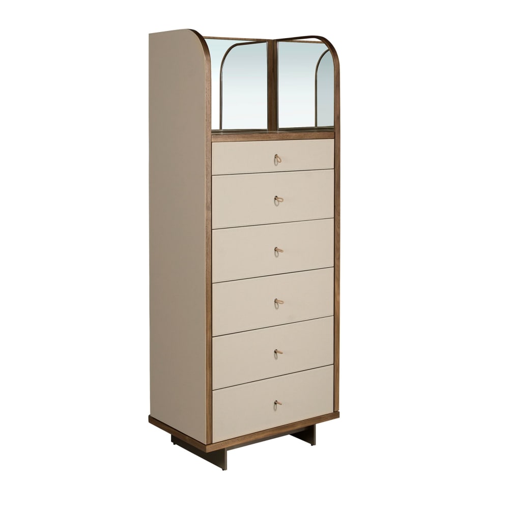 Chiffonier en cuir, noyer et acier poli avec miroir Chiffonier en cuir, noyer et acier poli avec miroir