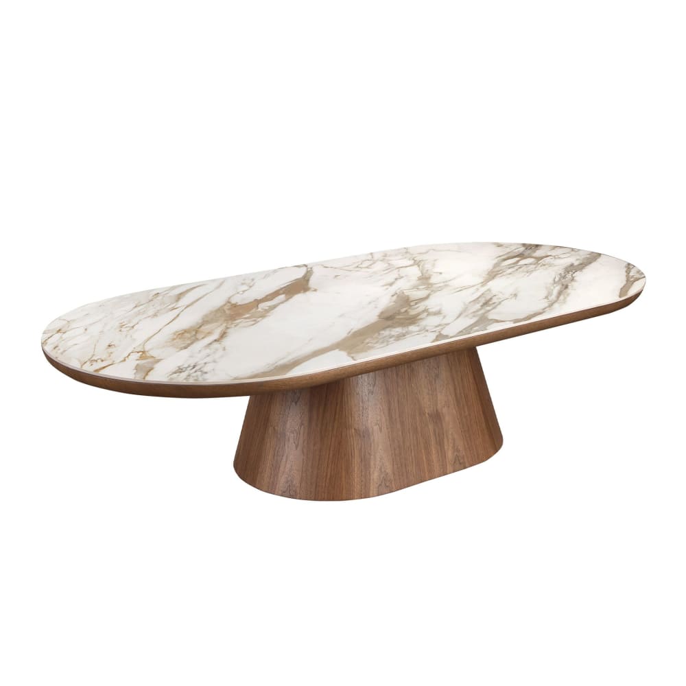 Table basse ovale demi-ronde en porcelaine et noyer Table basse ovale demi-ronde en porcelaine et noyer