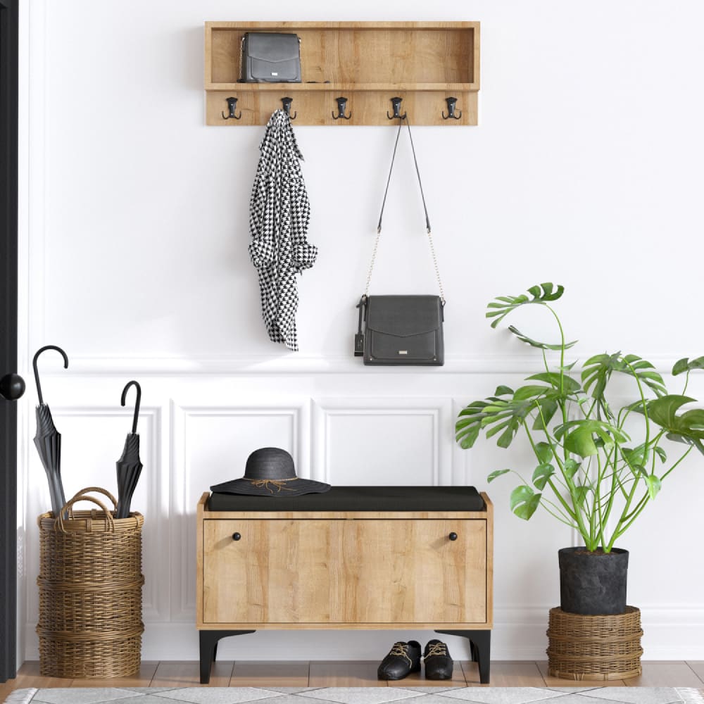 Meuble d'entrée avec meuble à chaussures banquette et vestiaire mural