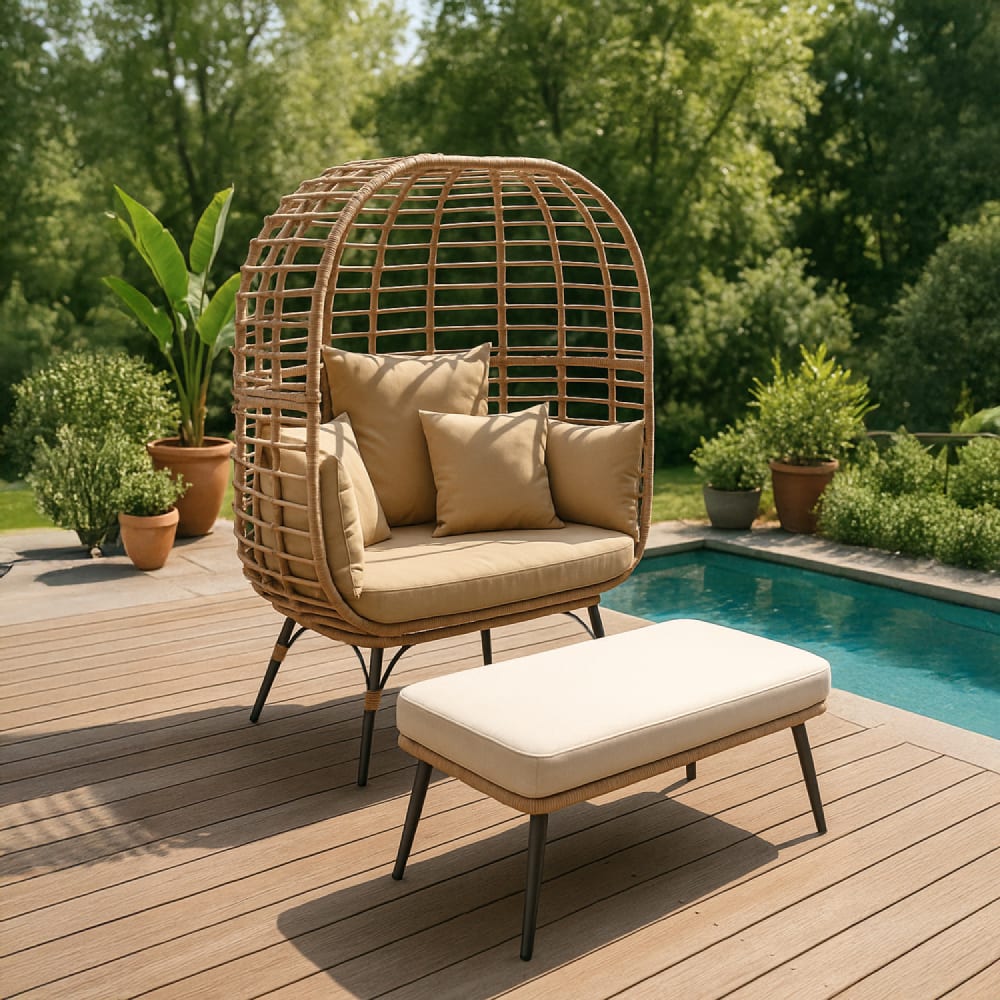 Ensemble fauteuil sur pied effet rotin et repose-pieds avec coussin be