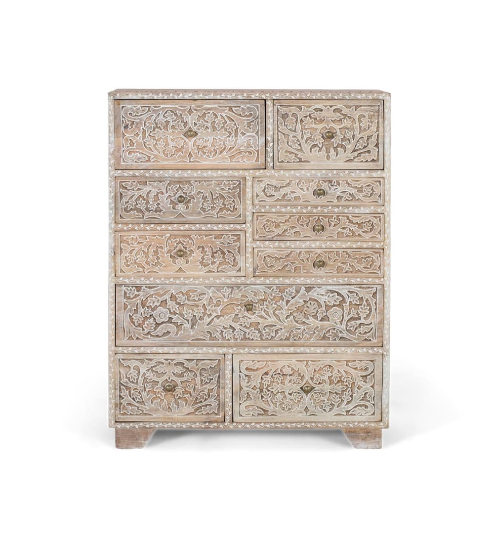 Commode en bois de manguier sculptée à la main avec dix tiroirs