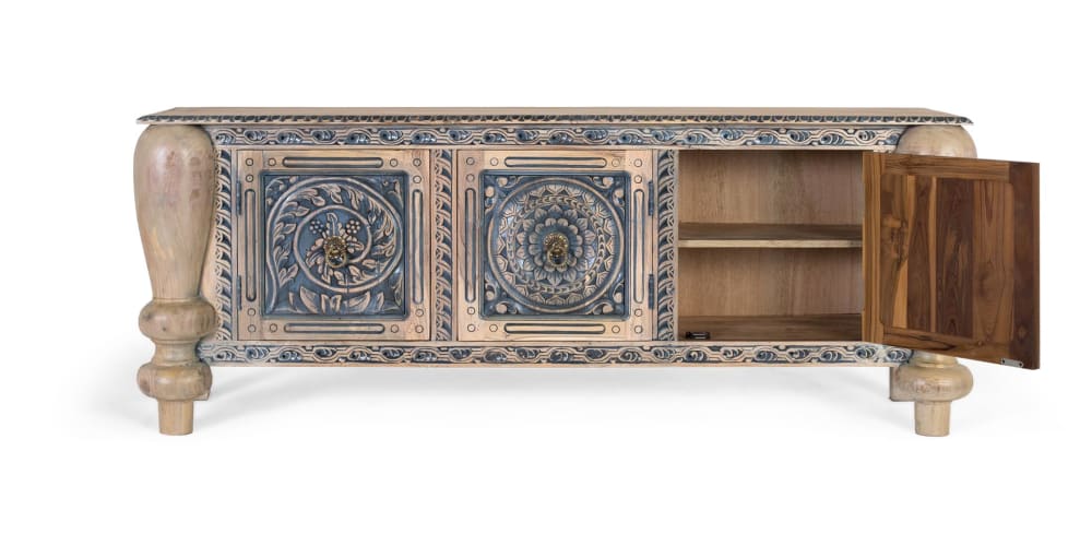 Sideboard aus massivem Teakholz mit Schnitzereien und stabilen