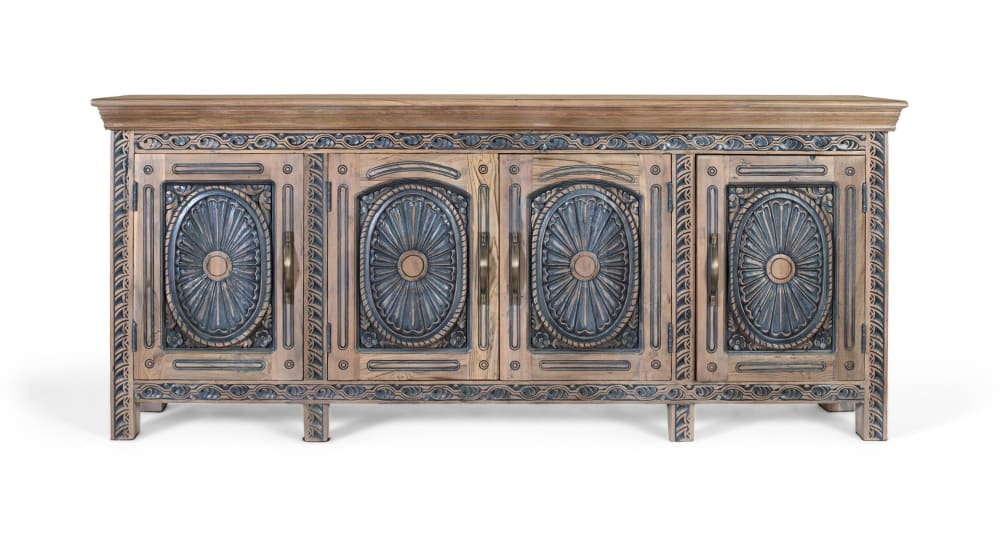 Buffet en teck sculpté bicolore, naturel et bleu vieilli