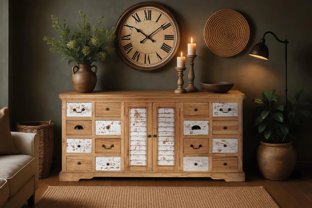 Sideboard aus massivem Mindiholz mit 12 Schubladen und 2 Türen -