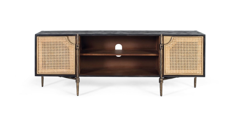 Meuble TV en bois de manguier avec portes cannage et pieds en bronze