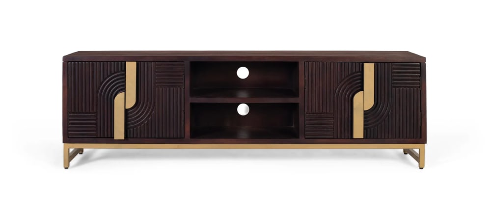 mueble de tv de madera maciza de mango con base de metal dorado
