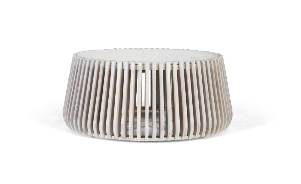 Table basse ronde en marbre blanc et bois de manguier