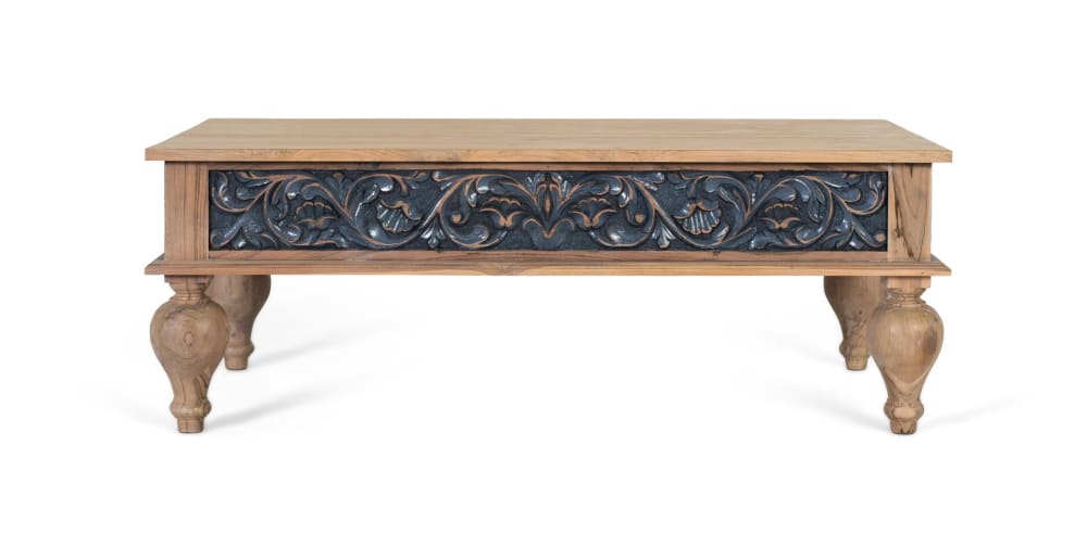 Table basse en teck sculpté à la main, bicolore naturel et bleu