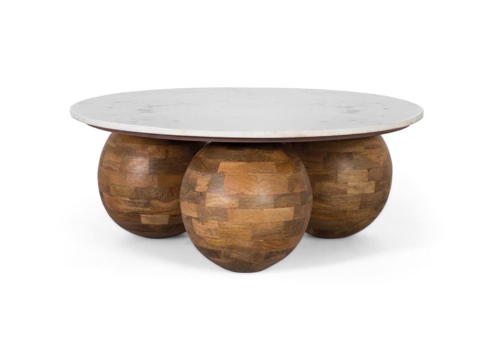Table basse ronde en marbre et bois de teck