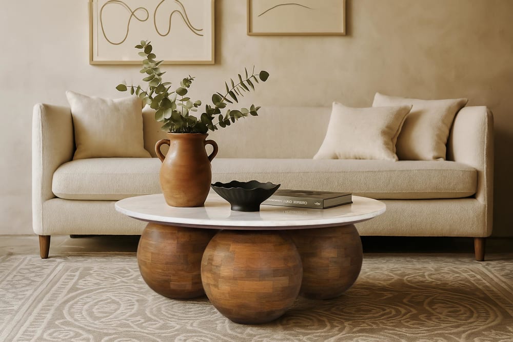 Table basse ronde en marbre et bois de teck