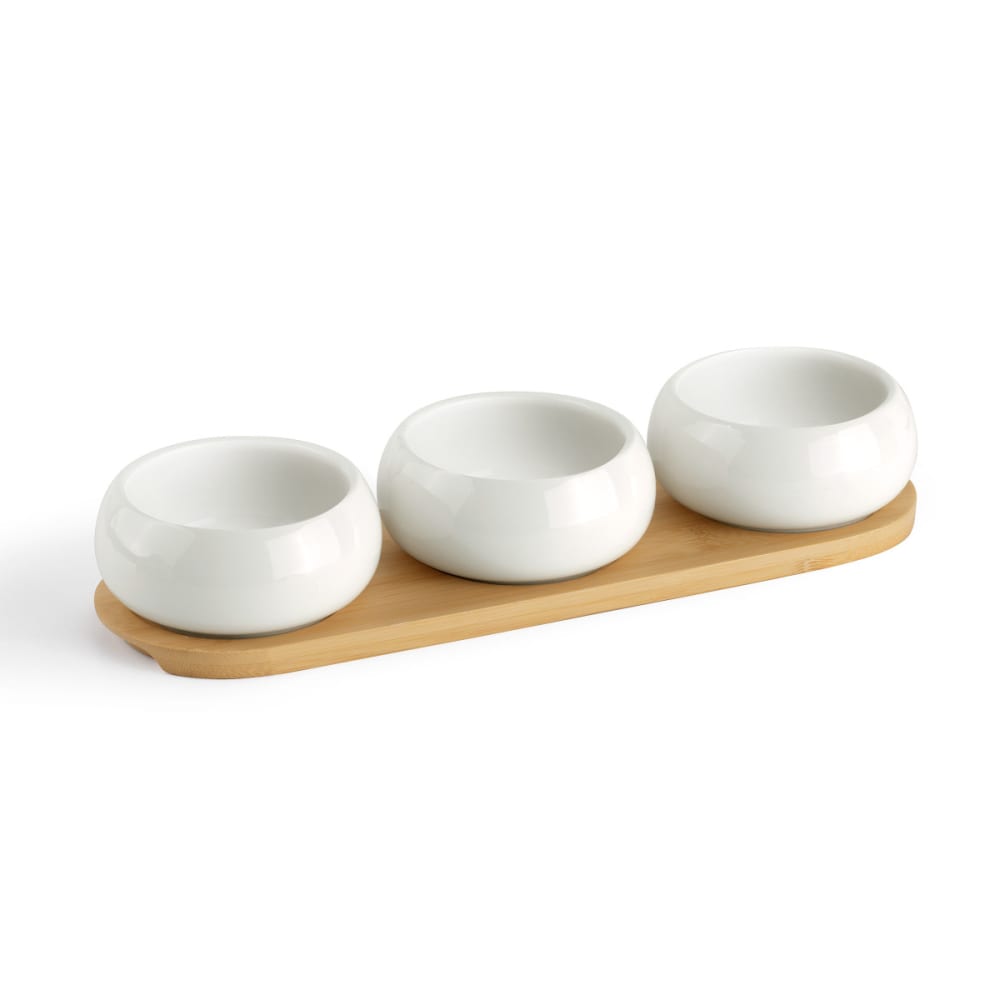 Set de 3 coupelles apéritives en céramique avec plateau en bambou