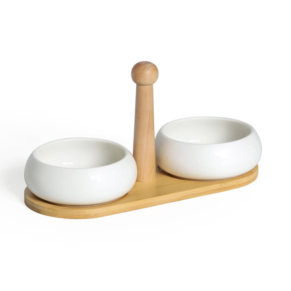 Set de 2 coupelles apéritives en céramique avec plateau en bambou